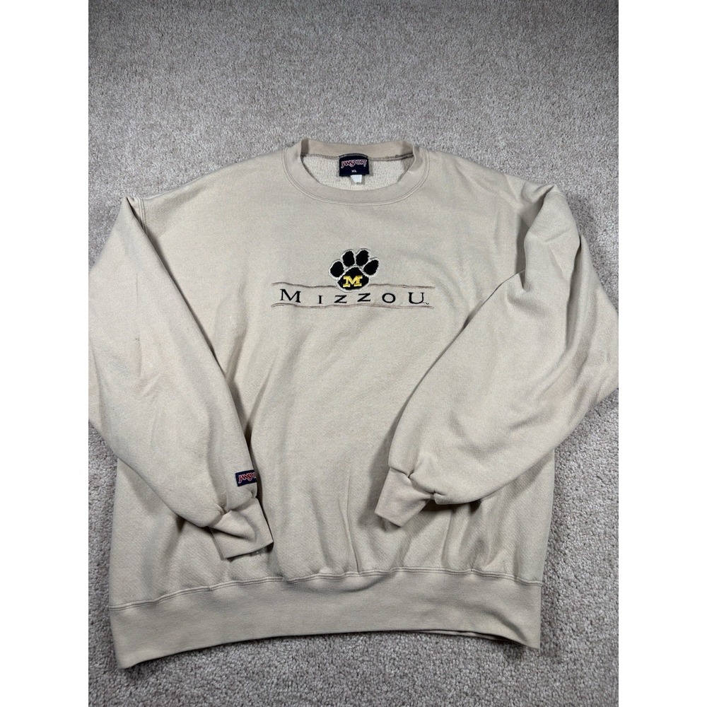 Vtg JanSport Mizzou Missouri Tigers Crewneck Sweatshirt Embroidered Tan XL 90s